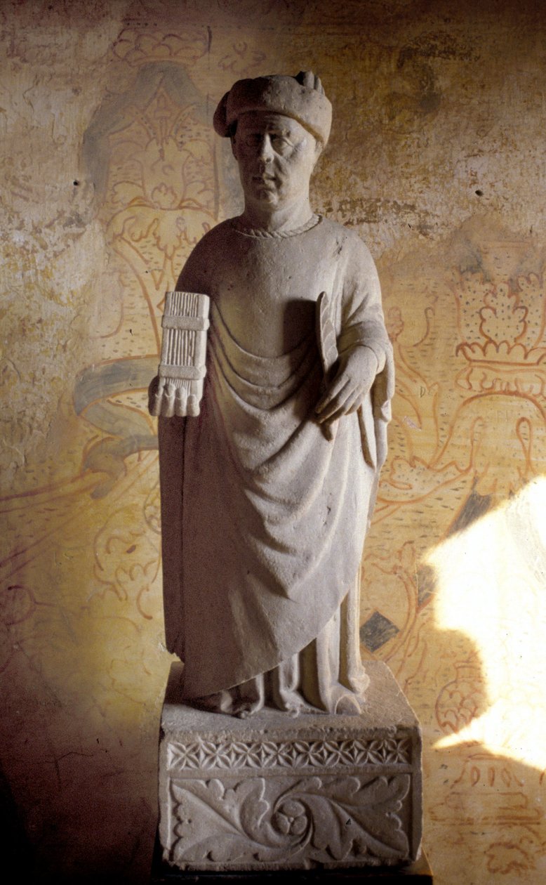 Francesco Petrarca (1304 - 1374) (Petrarch), italialainen runoilija. 1300-luvun patsas. Petrarkan talo Arquàssa lähellä Padovaa. tekijältä Unknown artist