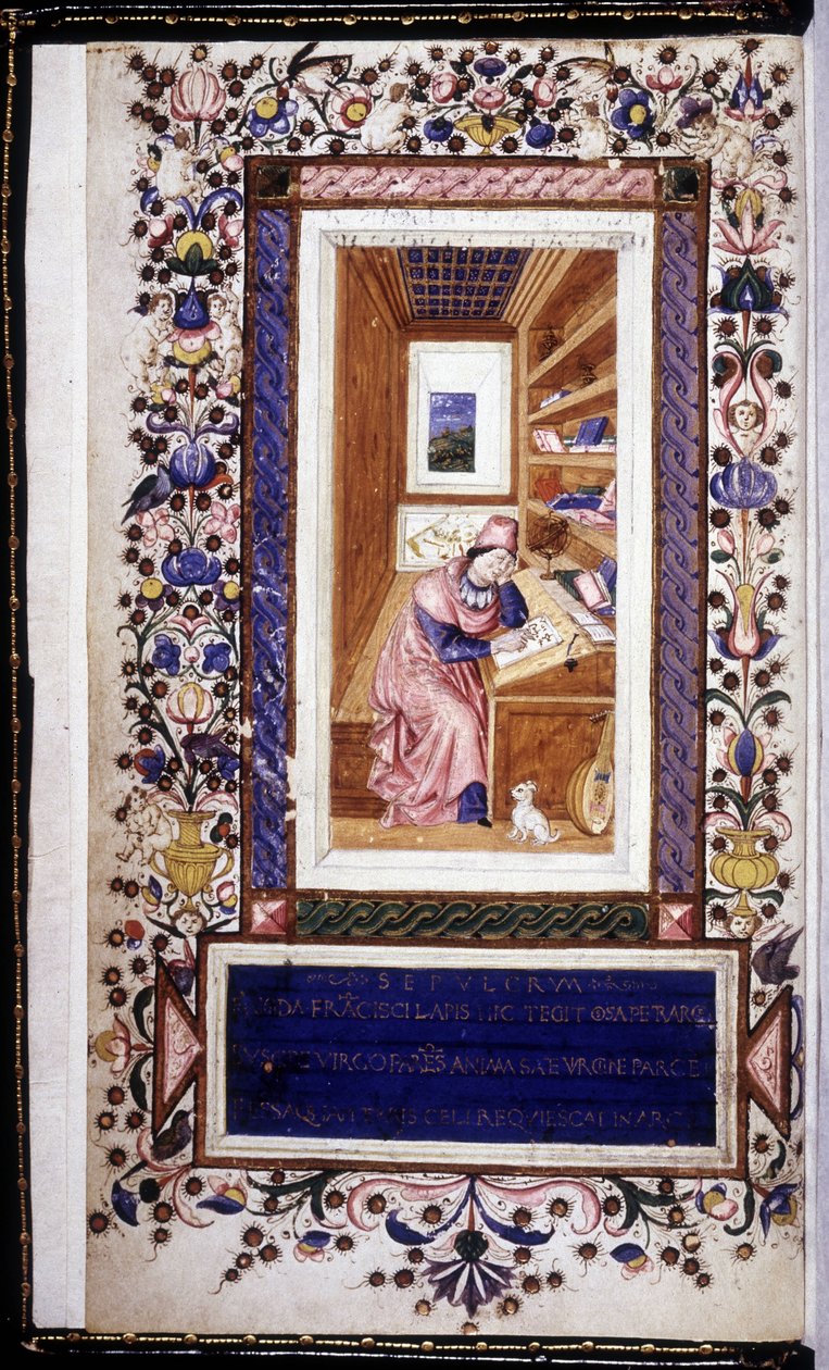 Francesco Petrarca (1304 - 1374), miniatyyri 1400-luvulta. Trivulzianan kirjasto. Milano tekijältä Unknown artist