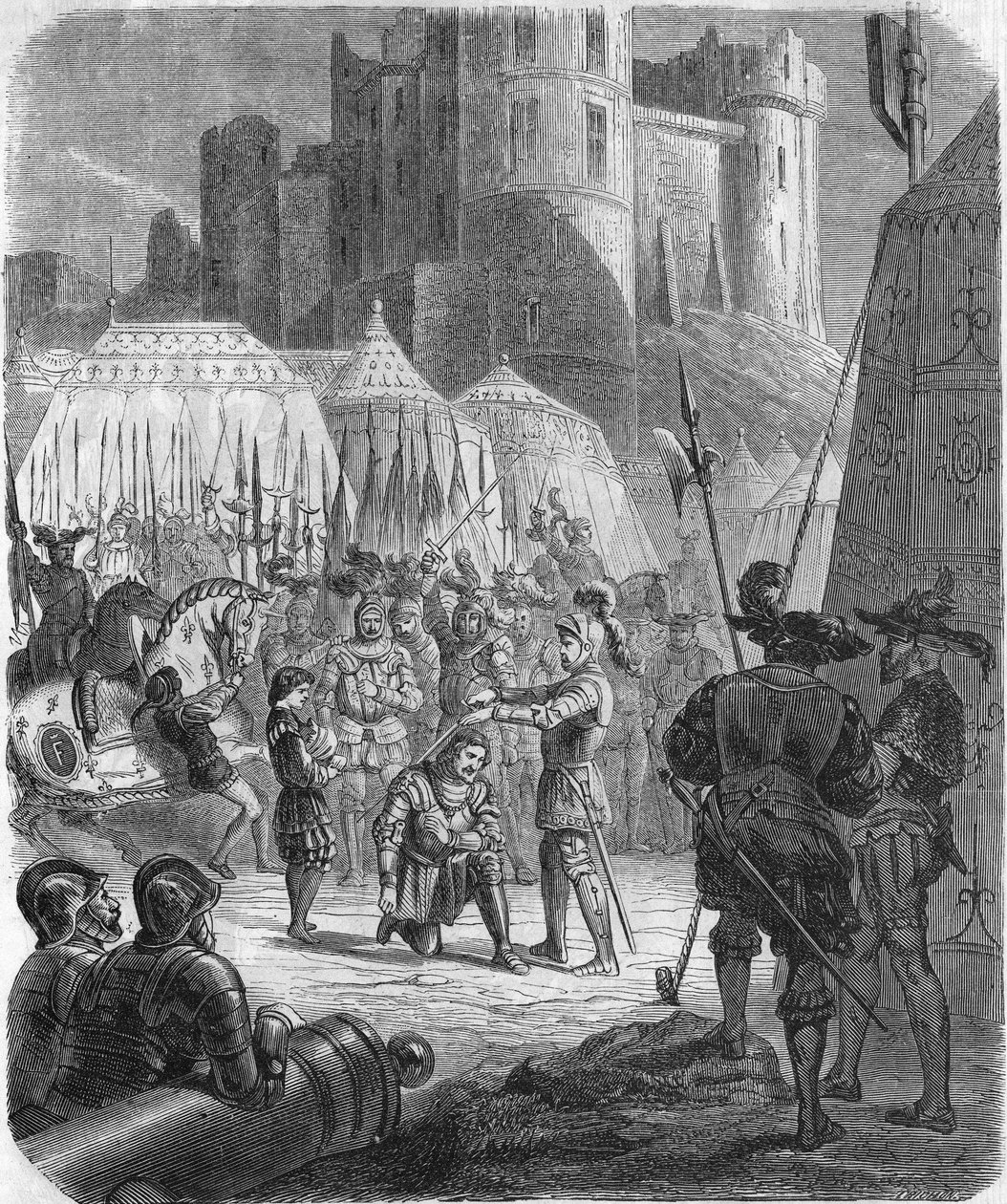 Ranskalainen Francis I anoo, että Chevalier Bayard lyöisi hänet ritariksi voiton jälkeen Marignanon taistelussa Italiassa tekijältä Unknown artist