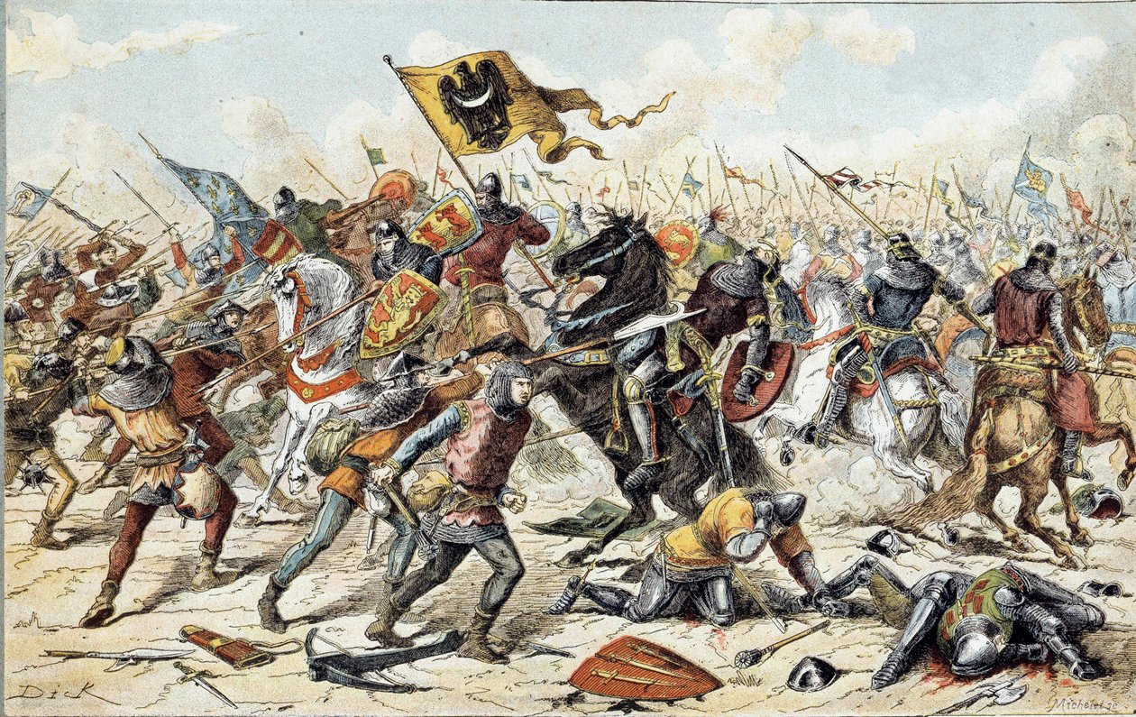 Ranskan ja Englannin sota (1202-1214): Bouvinesin taistelu 27.7.1214 Philippe Augusten ranskalaisen armeijan ja Othon IV:n flaamilaisten ja Welfien välillä. Ranskan voitto oli ratkaiseva sodan tuloksessa. 1800-luvulla. Pariisi, Musee de l