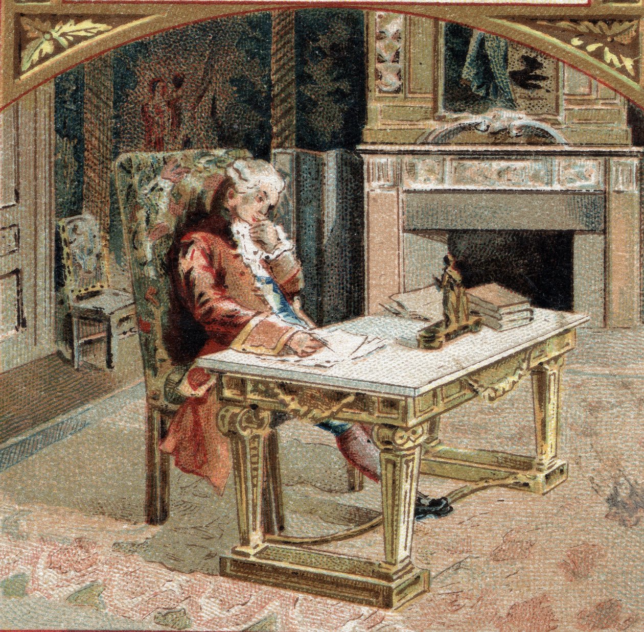 Francois-Marie (Francois Marie) Arouet de Voltaire dit Voltaire (1694-1778), 23-vuotias Sully-sur-Loire-linnassa (Sully sur Loire). 1800-luvun lopun kromolitografia tekijältä Unknown artist