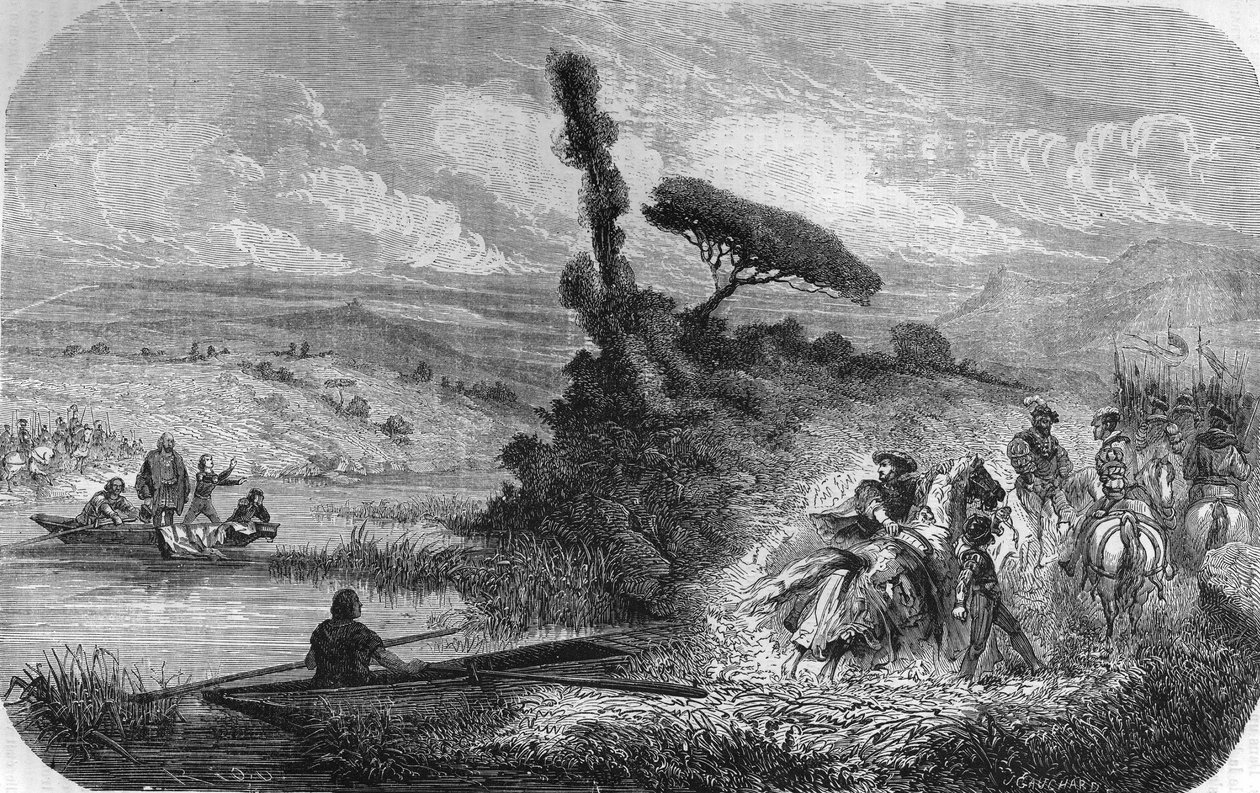 Francois ensimmäinen vaihto kahden poikansa panttivangiksi Bidassoassa 17.3.1526. Teoksessa ""Popular History of France"", nd. noin 1885. Kaiverrus. tekijältä Unknown artist