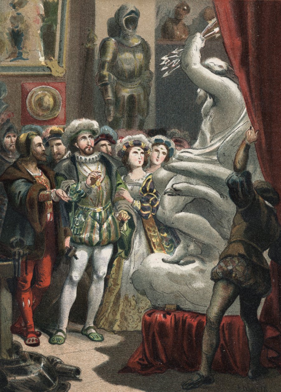 Francois I (1494-1547), Ranskan kuningas, italialaisen kuvanveistäjä Benvenuto Cellinin (1500-1571) kaiverruksessa vuodelta 1881 Juan Justo Huguetin "Kauneuden kultti" -kirjoituksessa, Molinas Hermanos toimittajat tekijältä Unknown artist