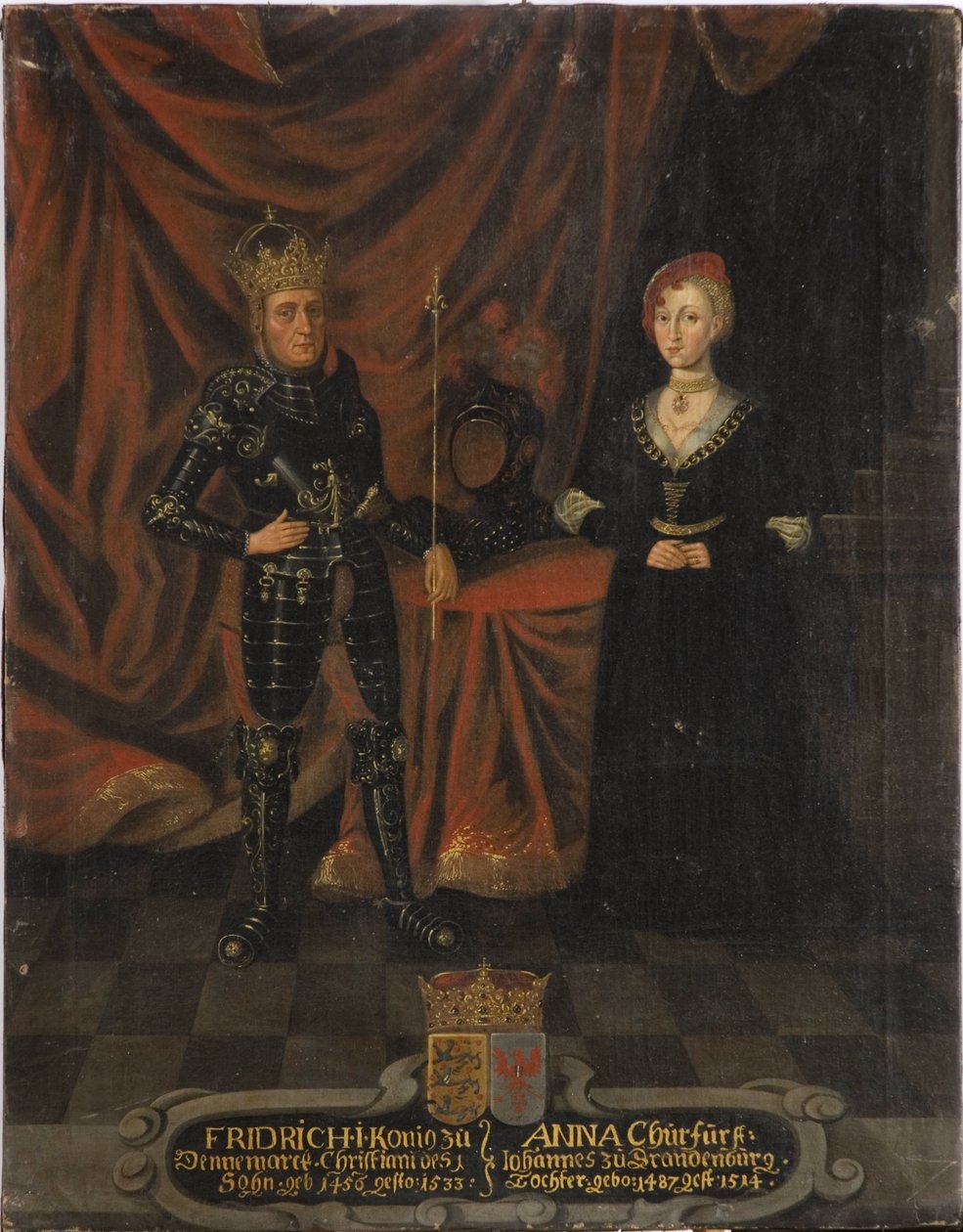 Frederic I de Danemark (Frederic de Schleswig Holstein) ja Anne de Brandebourg - Tanskan kuningas Frederick I (1471-1533) ja Anna Brandenburgilainen (1487-1514), Anonyymi . Öljy kankaalle. Mitat: 103x79,5 cm. Tukholman kansallismuseo tekijältä Unknown artist