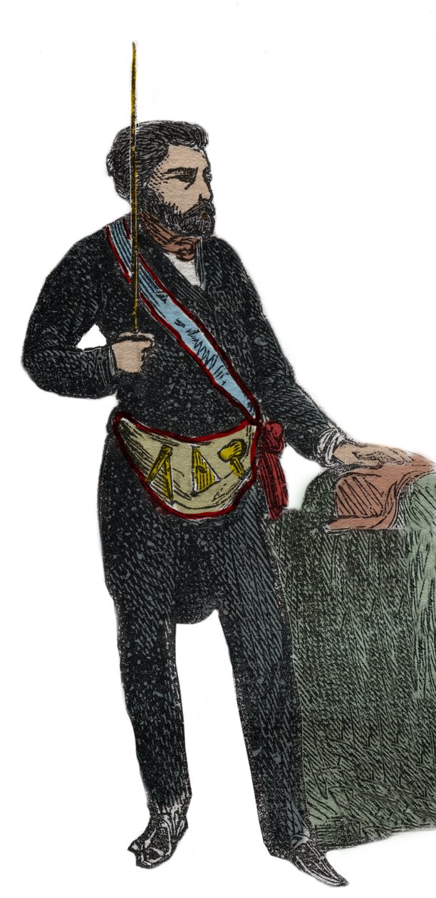 Vapaamuurarius - Vapaamuurarin puku hänen vastaanottoon mestarin arvosanaan - Franc Maconnerie: Outfit de franc macon (Esiliina) Kaiverrus vuodelta 1879 Pierre Zacconen (1817-1895) teokseen "Salaisten, poliittisten ja uskonnollisten yhteiskuntien historia" tekijältä Unknown artist