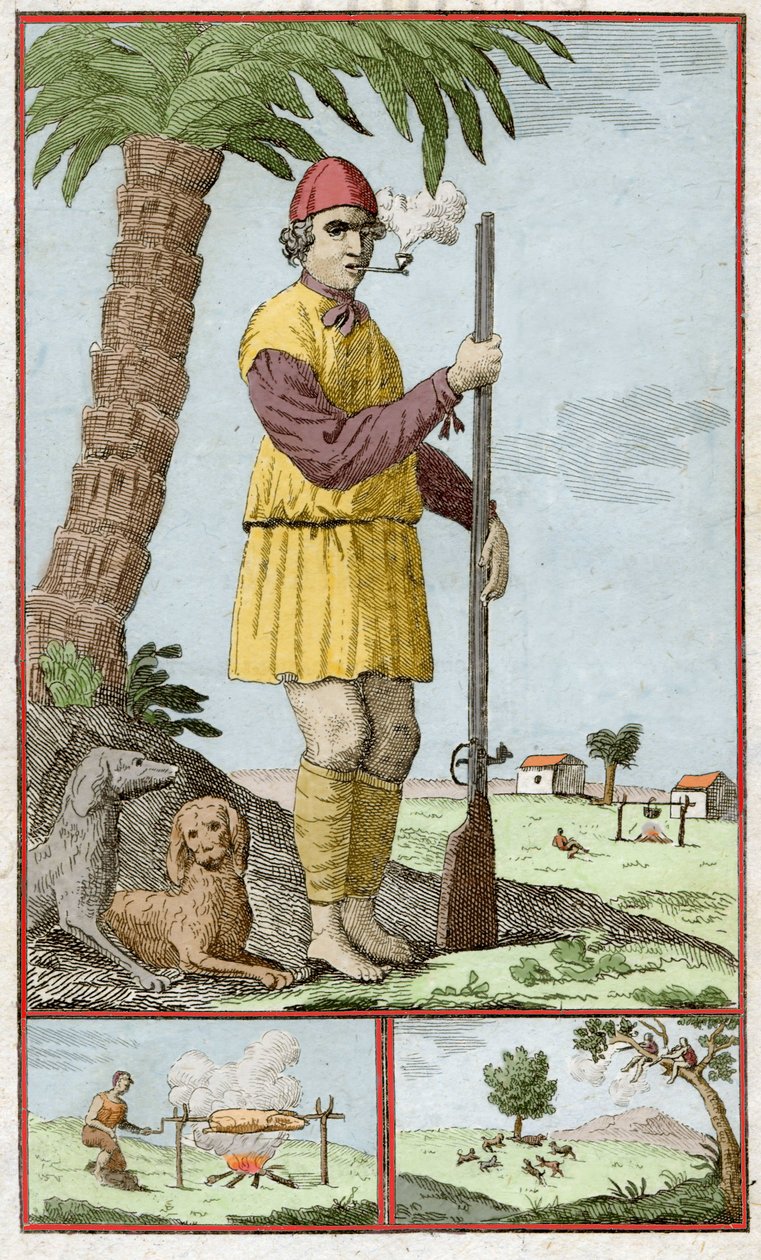 Ranskalainen buccane Santo Domingosta (Haiti). Kaiverrus Alexandre Olivier Exquemelinin (1645-1710) teokseen "History of the Adventurers Filibusters and Buccaneers Reported in the Indies". tekijältä Unknown artist