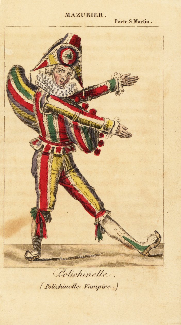 Ranskalainen sarjakuvatanssija ja miimitaiteilija Charles-Francois Mazurier Polichinellona Theodore de Banvillen teoksessa Polichinelle Vampire Theater de la Porte Saint-Martinissa tekijältä Unknown artist