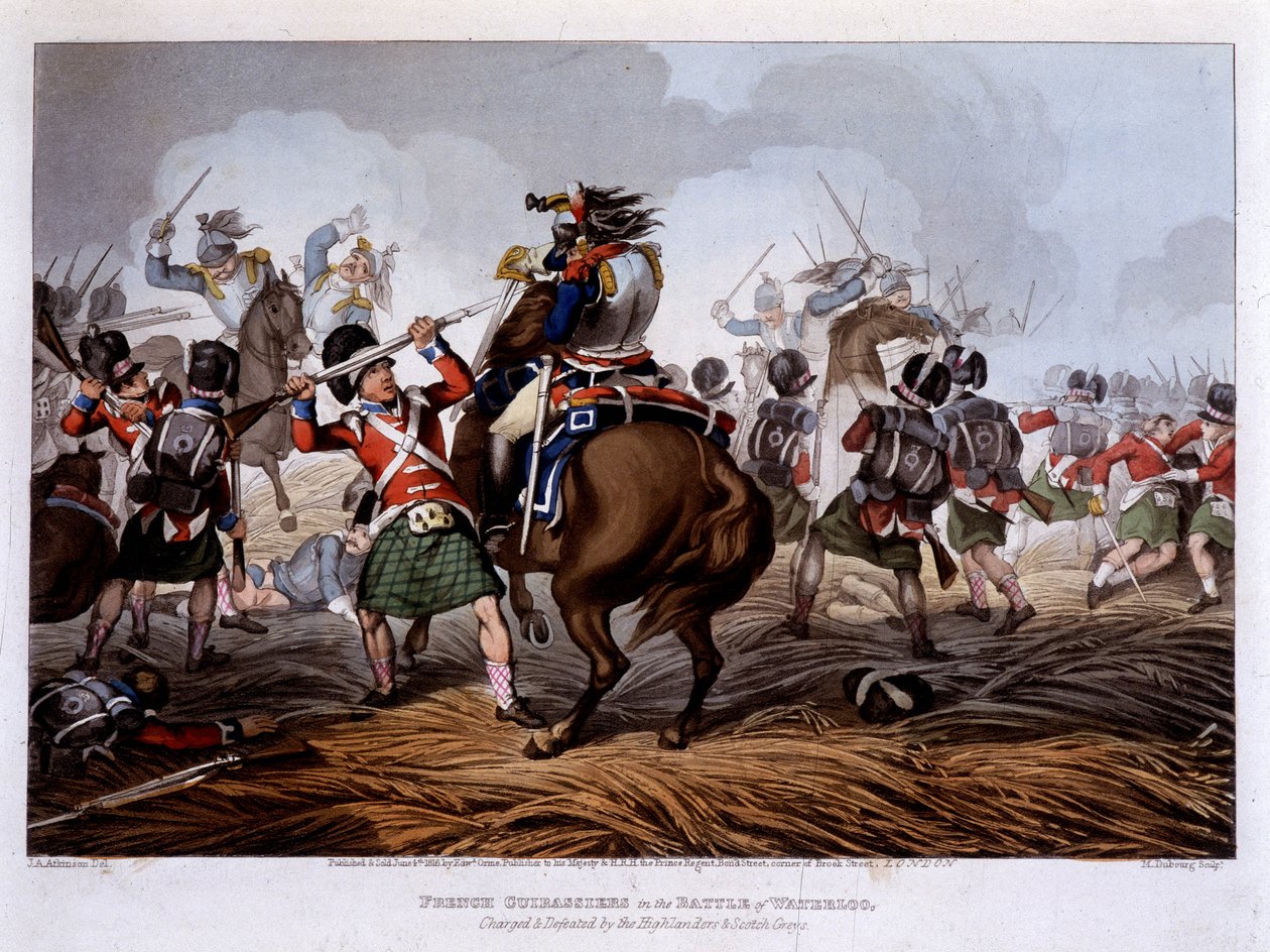 Ranskalaiset curassiers Waterloossa - "" Historialliset, sotilaalliset ja laivaston anekdootit ja tapaukset, jotka saapuivat Ison-Britannian ja heidän liittolaistensa käsivarsiin, päättyen Waterlooon" - kirjoittanut Edward Orme, ill. kirjoittanut Fry, Lont tekijältä Unknown artist