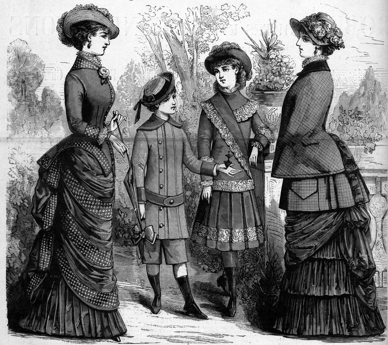 Ranskalainen naisten ja lasten muoti 1800-luvulla. Mainos vuodelta 1882. Kaiverrus "" The Illustrous World"" nro 1302, 11. maaliskuuta 1882. tekijältä Unknown artist