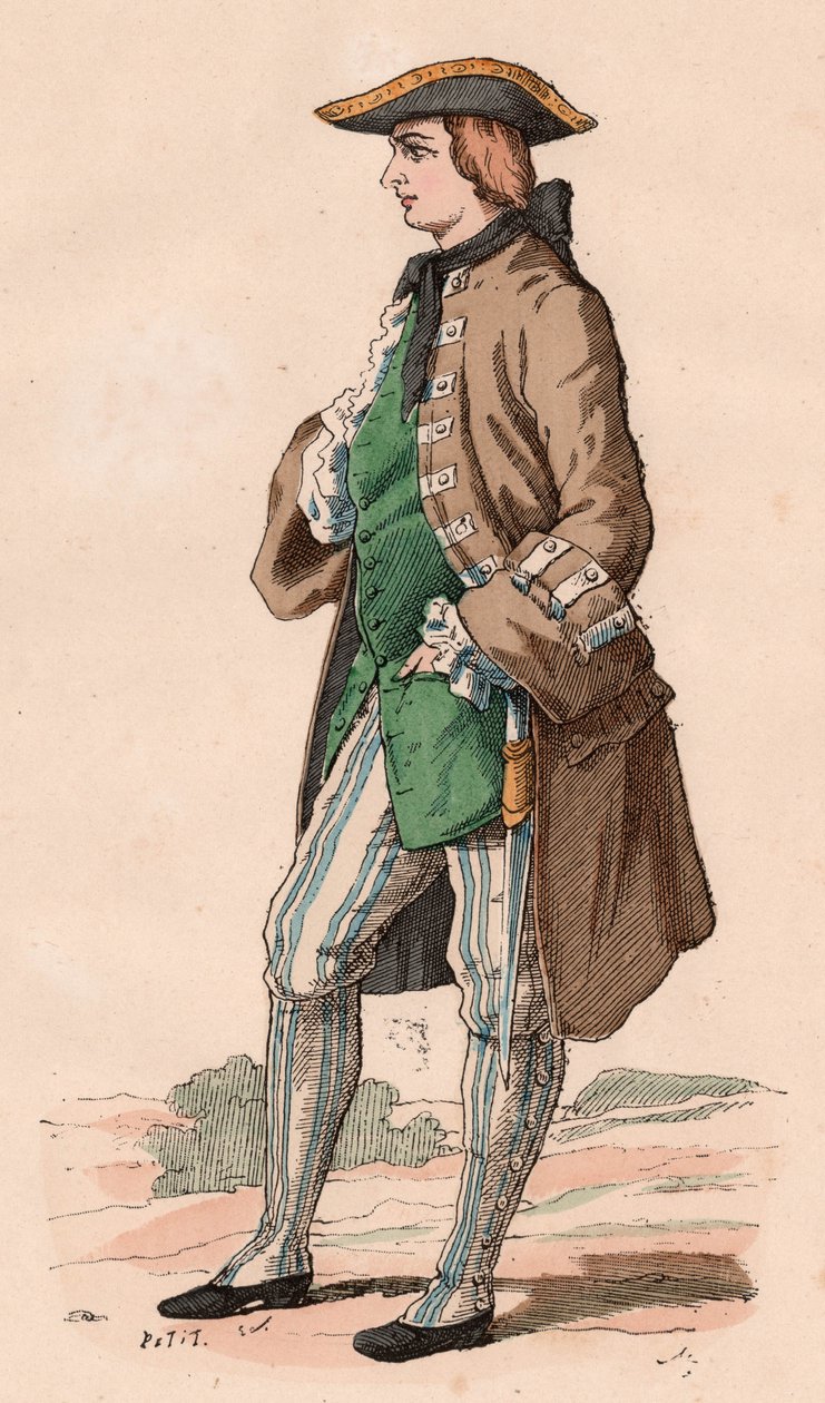 Ranskalainen herrasmies metsästysasussa, yllään takki, liivi ja tricorn hattu tikari kyljessään XVIII vuosisadalla (värikaiverrus) tekijältä Unknown