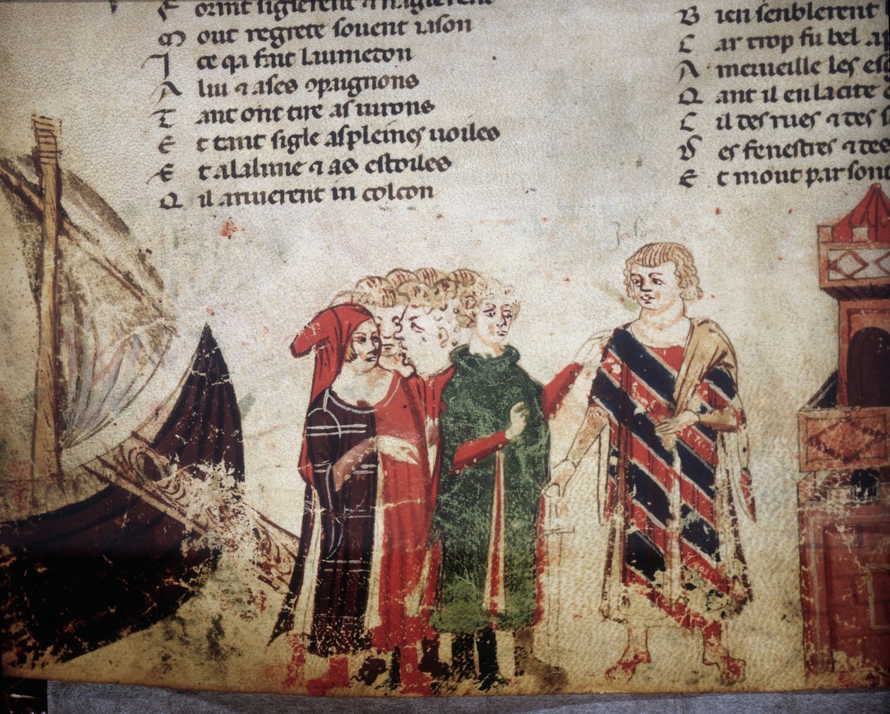 Ranskalainen kauppias Venetsiassa. Benoit de Saint Mauren "Roman de Troy" -miniatyyri. 1300-luvun Biblioteca Marciana, Venetsia tekijältä Unknown artist