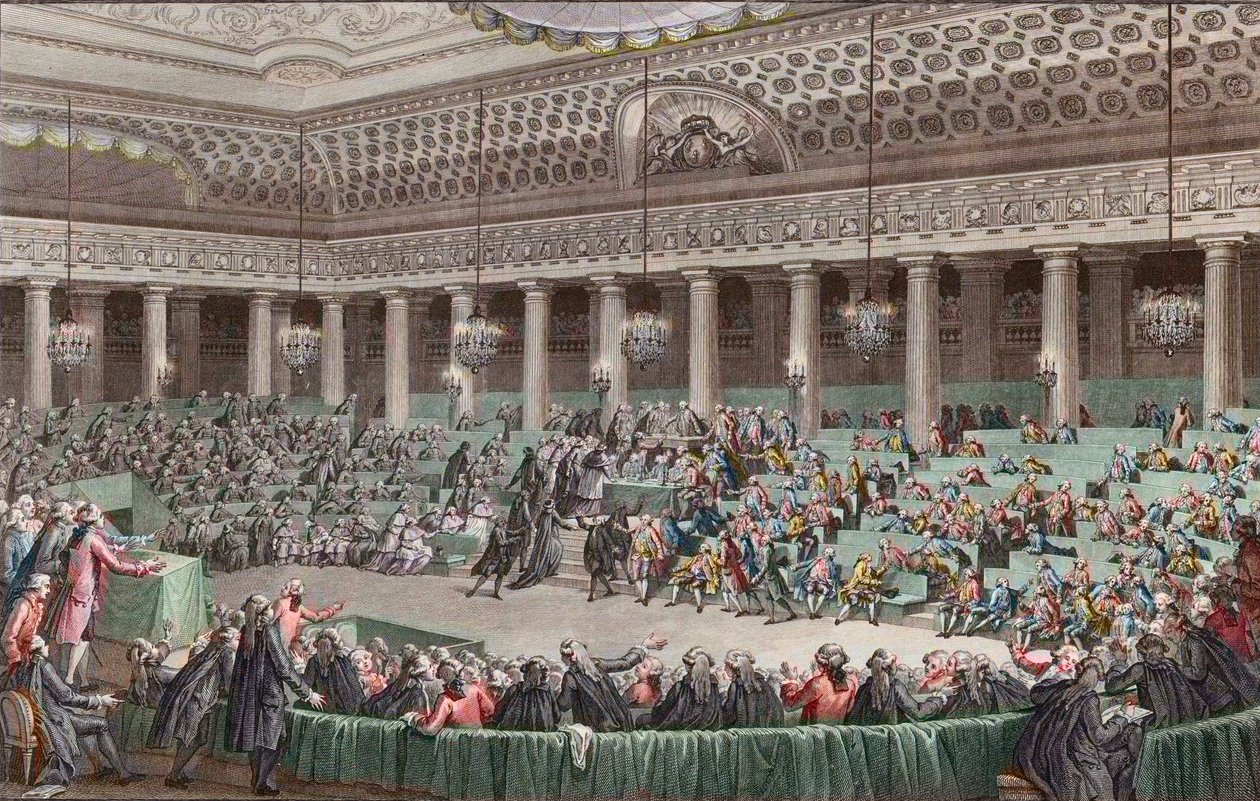 Ranskan vallankumous - Kansalliskokous luopui kaikista etuoikeuksista, 4. elokuuta 1789, kaiverrus Helman - Assemblee - Nationale Abandonment de tous - les privileges, a Versailles, Seance de la - Nuit du 4 au 5 avril 1789 tekijältä Unknown artist