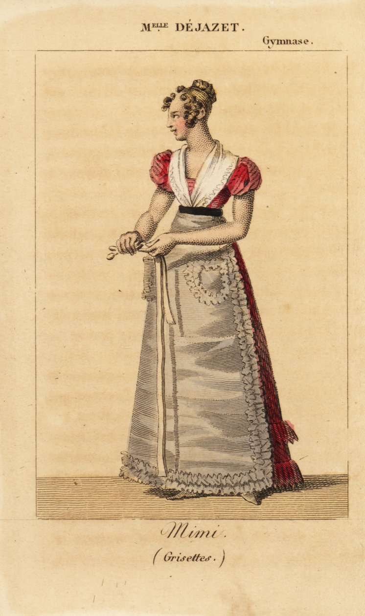 Ranskalainen sopraano Mlle Virginie Dejazet Miminä Scriben ja Dupinin yksinäytöksisessä vaudeville Grisettes -elokuvassa Gymnase-Dramatiquessa tekijältä Unknown artist