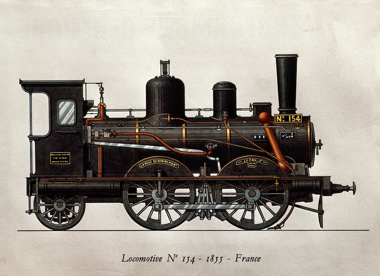 Ranskalainen juna: Veturi Numero 154, 1855. Kaiverrus. Pariisi, koristetaide tekijältä Unknown artist