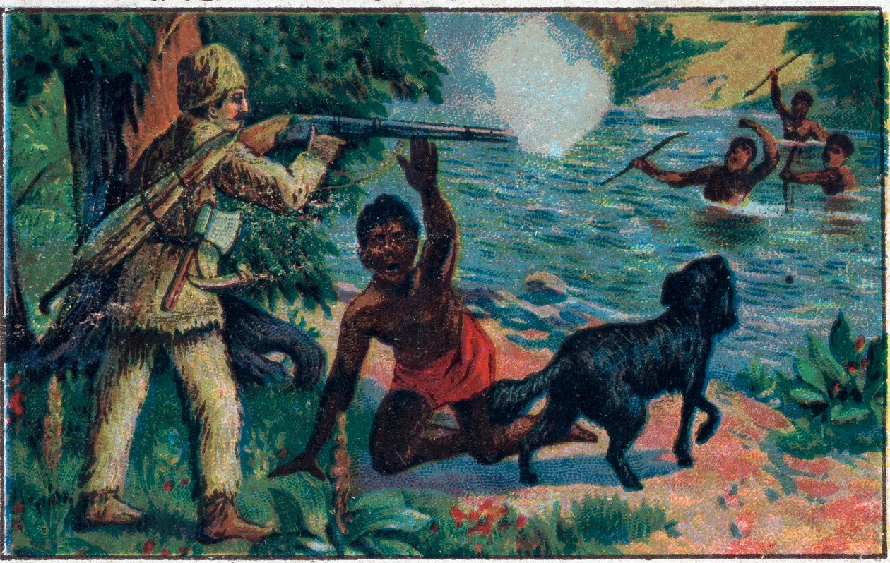 Perjantain vapautus. Kuvitus Daniel Defoen kirjalle (De foe) "" Robinson Crusoe"". 1800-luvun lopun kromolitografia. tekijältä Unknown artist