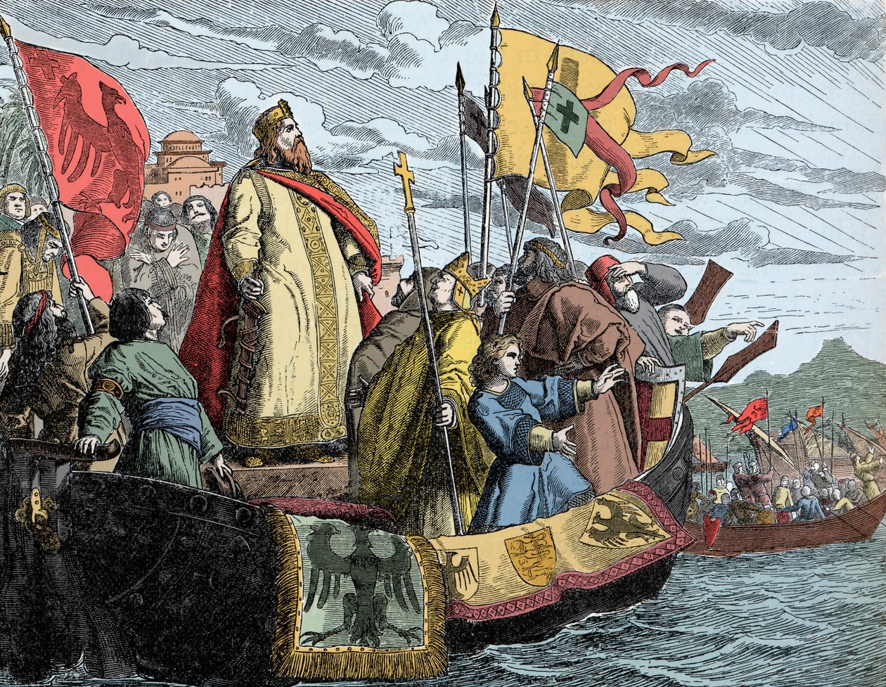Friedrichin ylitys Vähä-Aasiaan - Frederic I soitti Frederic Barberousselle (1122/25-1190) (Frederic I Hohenstaufenista) kolmannen ristiretken (1189) aikana. tekijältä Unknown artist