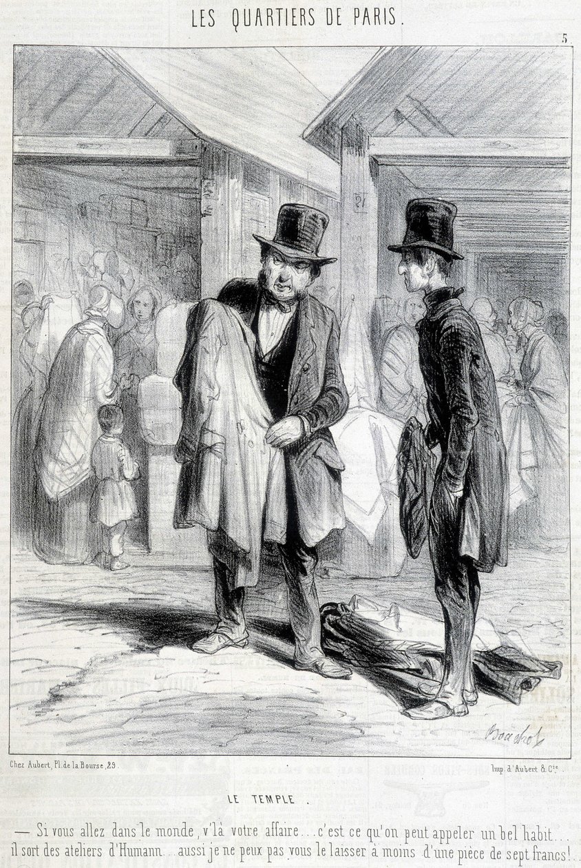 Fripier Pariisin temppelialueelta yrittää myydä vaatteita miehelle. Kaiverrus 1800-luvulta. tekijältä Unknown artist
