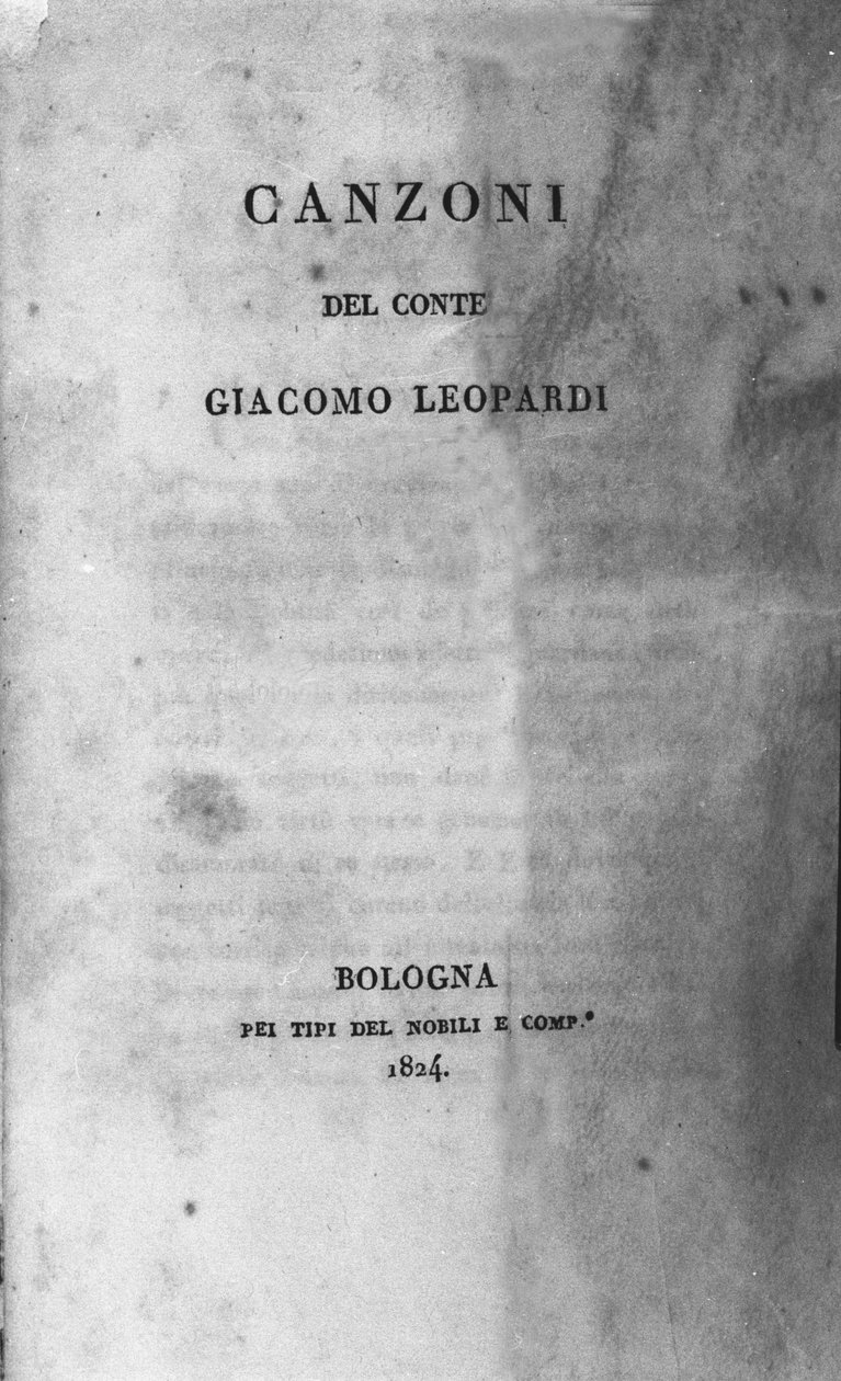 Italialaisen runoilijan Giacomo Leopardin (1798 - 1837) "" Canzoni "" (laulut) etukuva 1824 tekijältä Unknown artist