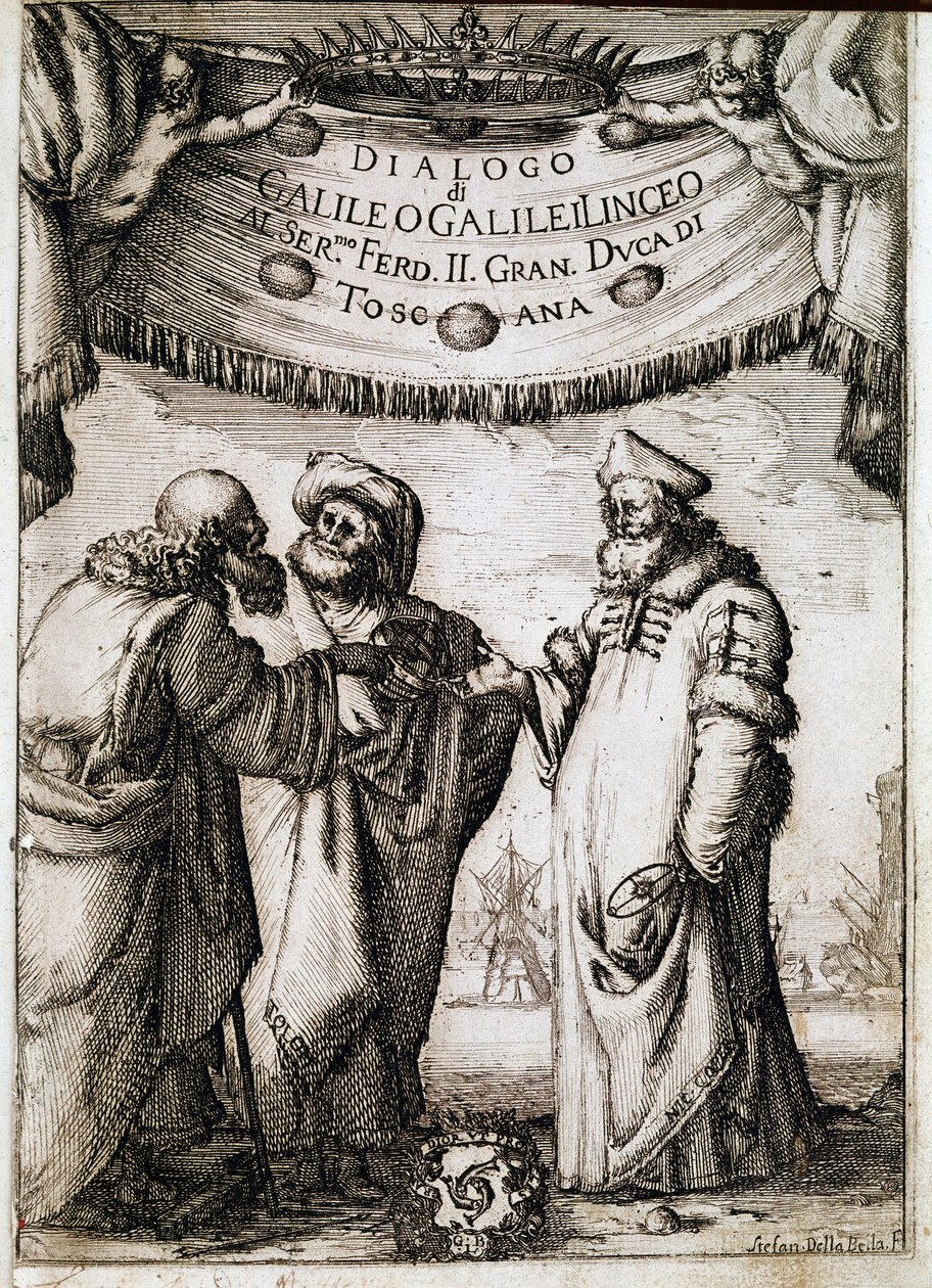 "" Dialogi maailman kahdesta suuresta järjestelmästä"" (dialogo sopra i due massimi sistemi del mondo), jonka paavi Urbanus VIII tilasi tähtitieteilijälle ja fyysikolle Galileo Galilei dit Galilealle (1564-1642) noin vuonna 1620 ja julkaistiin vuonna 1632. tekijältä Unknown artist