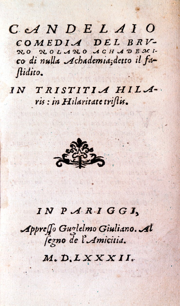 Giordano Brunon (1546-1600), italialaisen filosofin ja teologin "" Il candelaio" (kynttilänjalka) etukuva. 1582 tekijältä Unknown artist