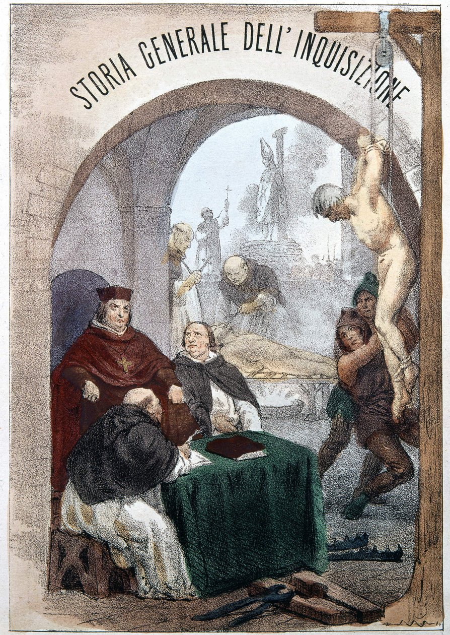 Pietro Tamburinin inkvisition yleishistorian etukuva, jossa kuva, joka kuvaa symbolisen inkvisition kohtauksia. Milano 1850. tekijältä Unknown artist