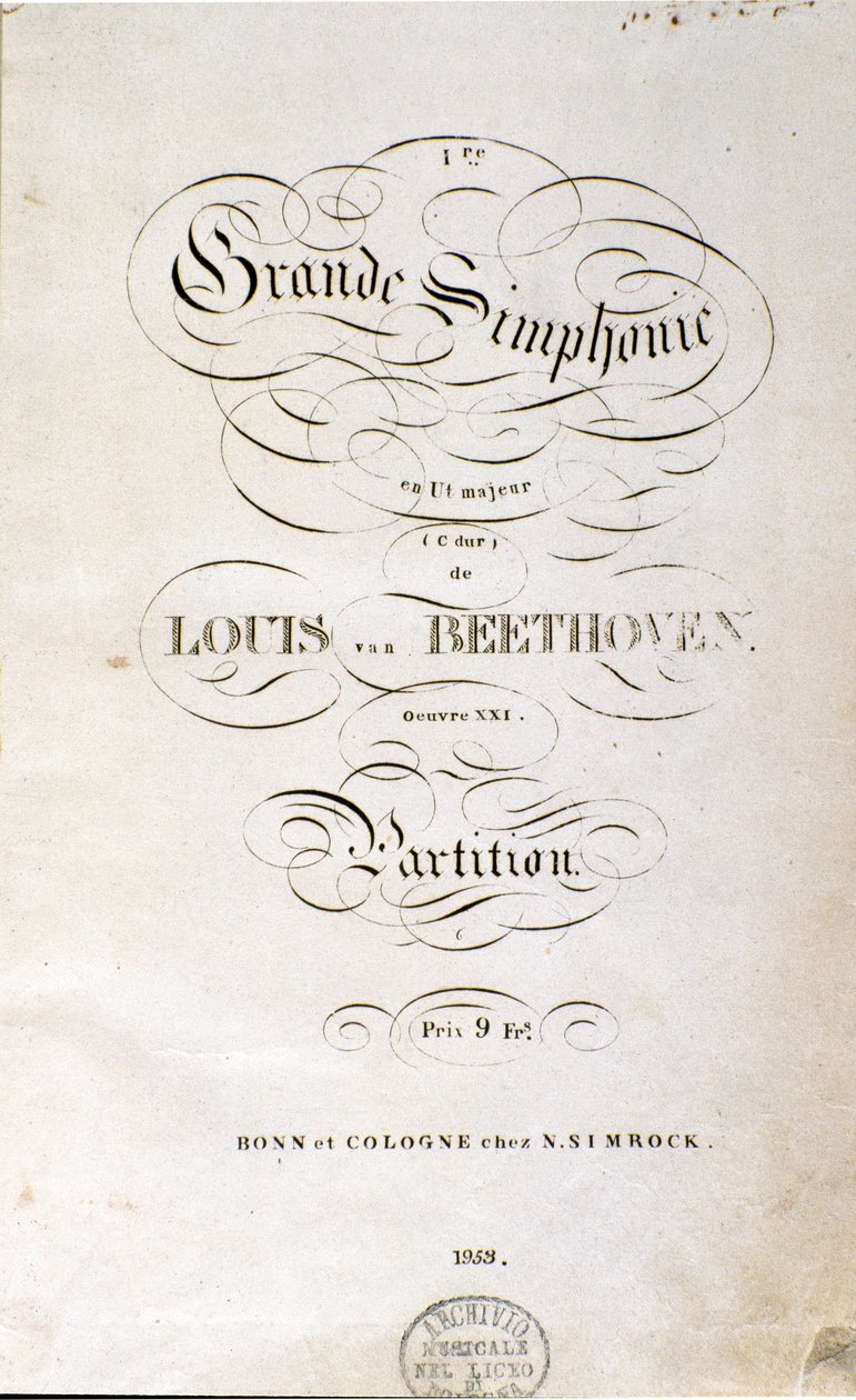 Sinfonia n:n partituurin ensimmäisen saksankielisen painoksen etukuva. Saksalaisen säveltäjän Ludwig van Beethovenin (1770-1827) (1799-1800) 1 C-duuri. Bonn tekijältä Unknown artist