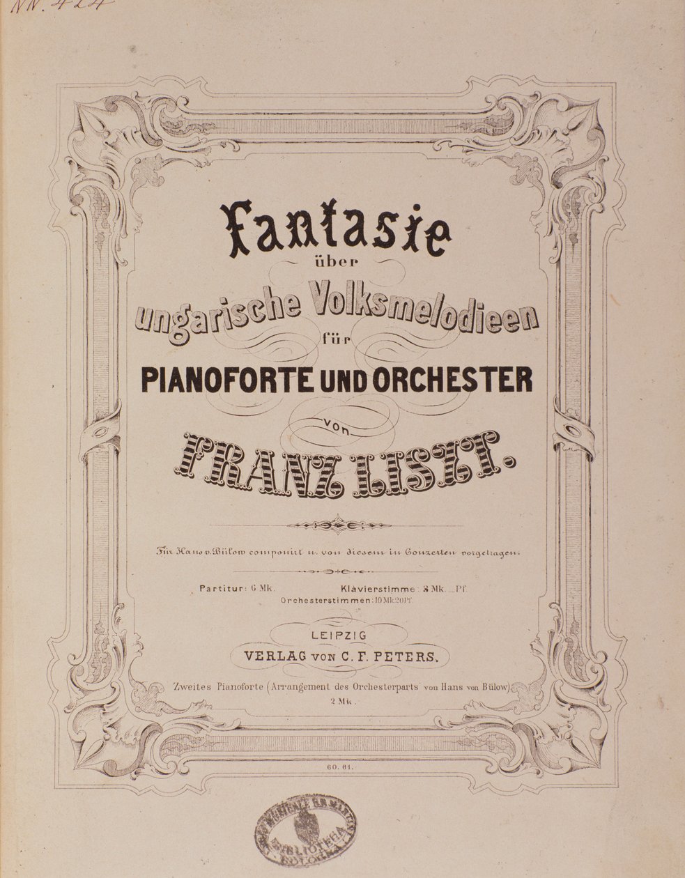 Franz Lisztin (1811-1886) partituurin "" Fantasia pianolle ja orkesterille" etukappale 1800-luvun Bologna, civico museo musicale tekijältä Unknown artist