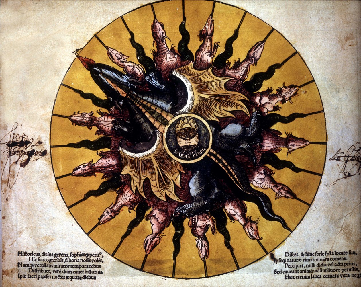 Frontispice edustaa aurinkoa - "Astronomicum Caesarium", Ptolemeuksen teoriaa käsittelevä tähtitieteen tutkielma, P. Apiano. tekijältä Unknown artist