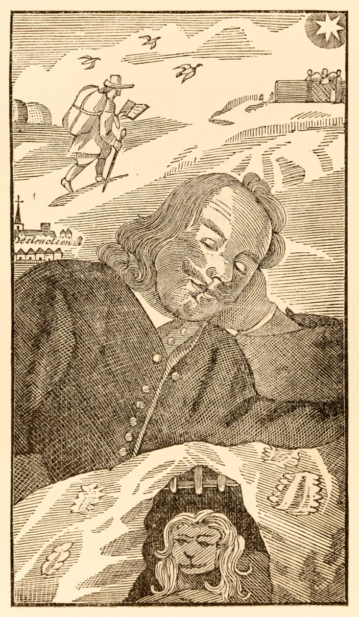 John Bunyanin (1628-1688) pyhiinvaeltajien edistyminen tästä maailmasta tulevaan esikuva, jossa kirjailija haaveilee pyhiinvaeltajakristitystä, jota rasitti tieto syntinsä. tekijältä Unknown
