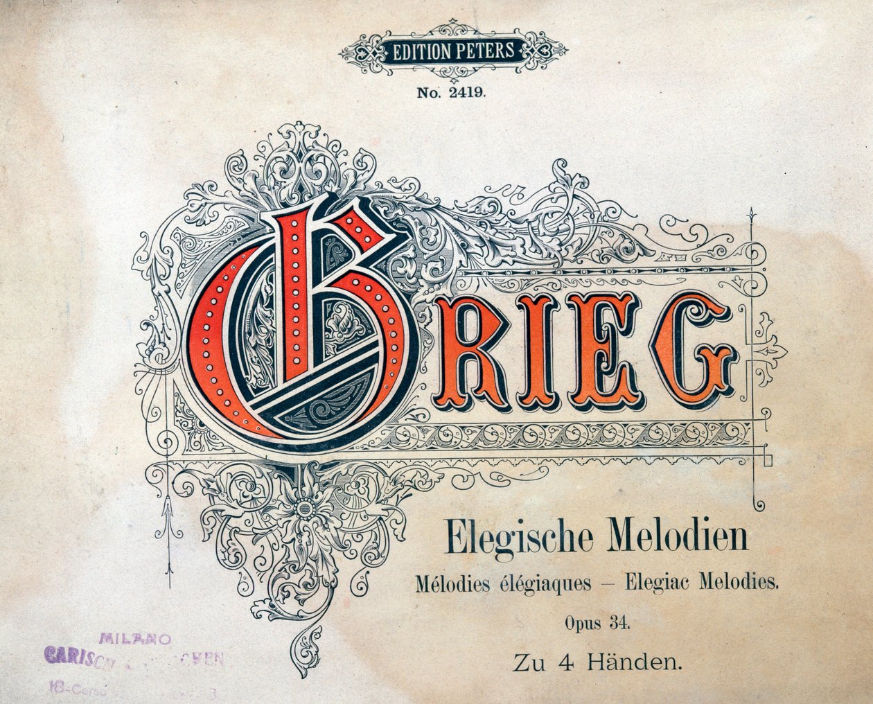 Edward Hagerup Griegin kahden elegisen melodian etukappale neljälle kädelle tekijältä Unknown artist