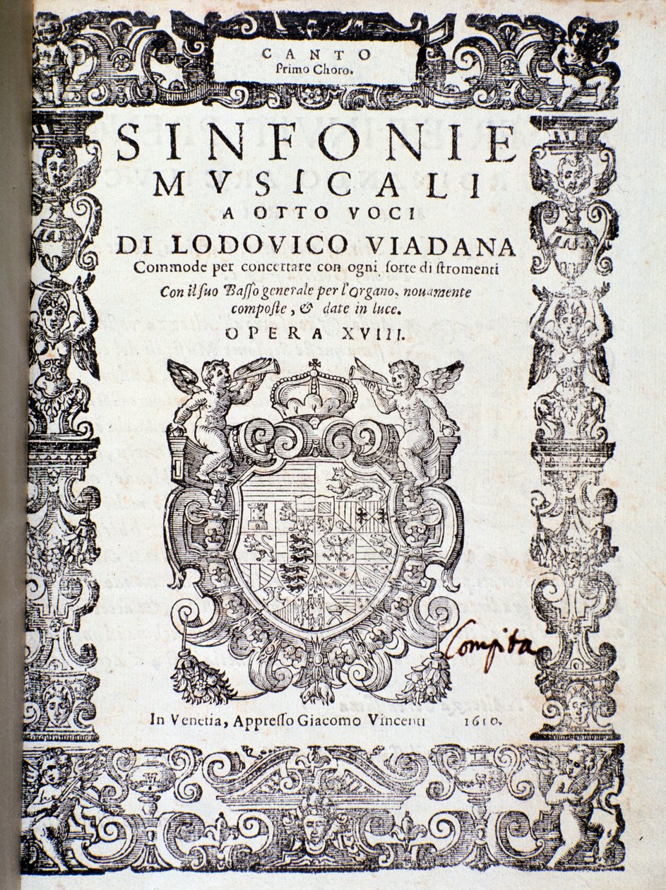 Ludovico Viadanan sinfoniamusikaalin musiikkipartituurin etukappale tekijältä Unknown artist
