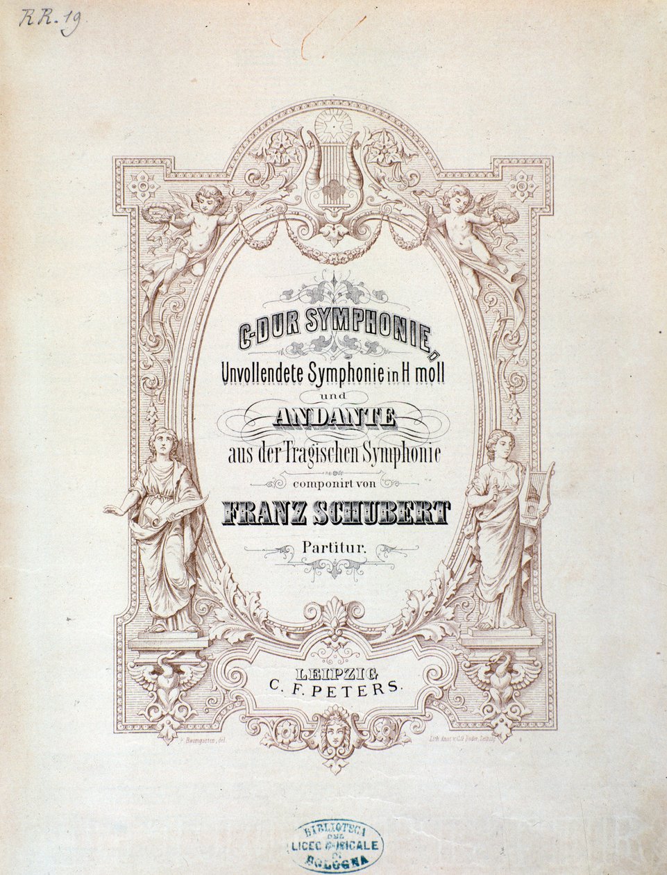 Franz Schubertin keskeneräisen sinfonian partituurin etukappale tekijältä Unknown artist