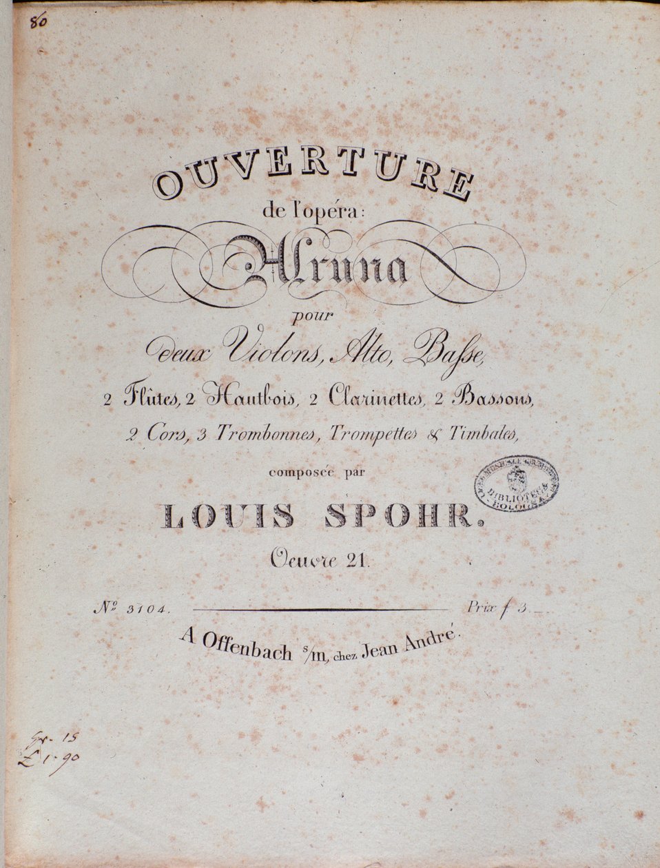 Louis Spohrin Alrunan alkusoiton nuottien etukappale tekijältä Unknown artist