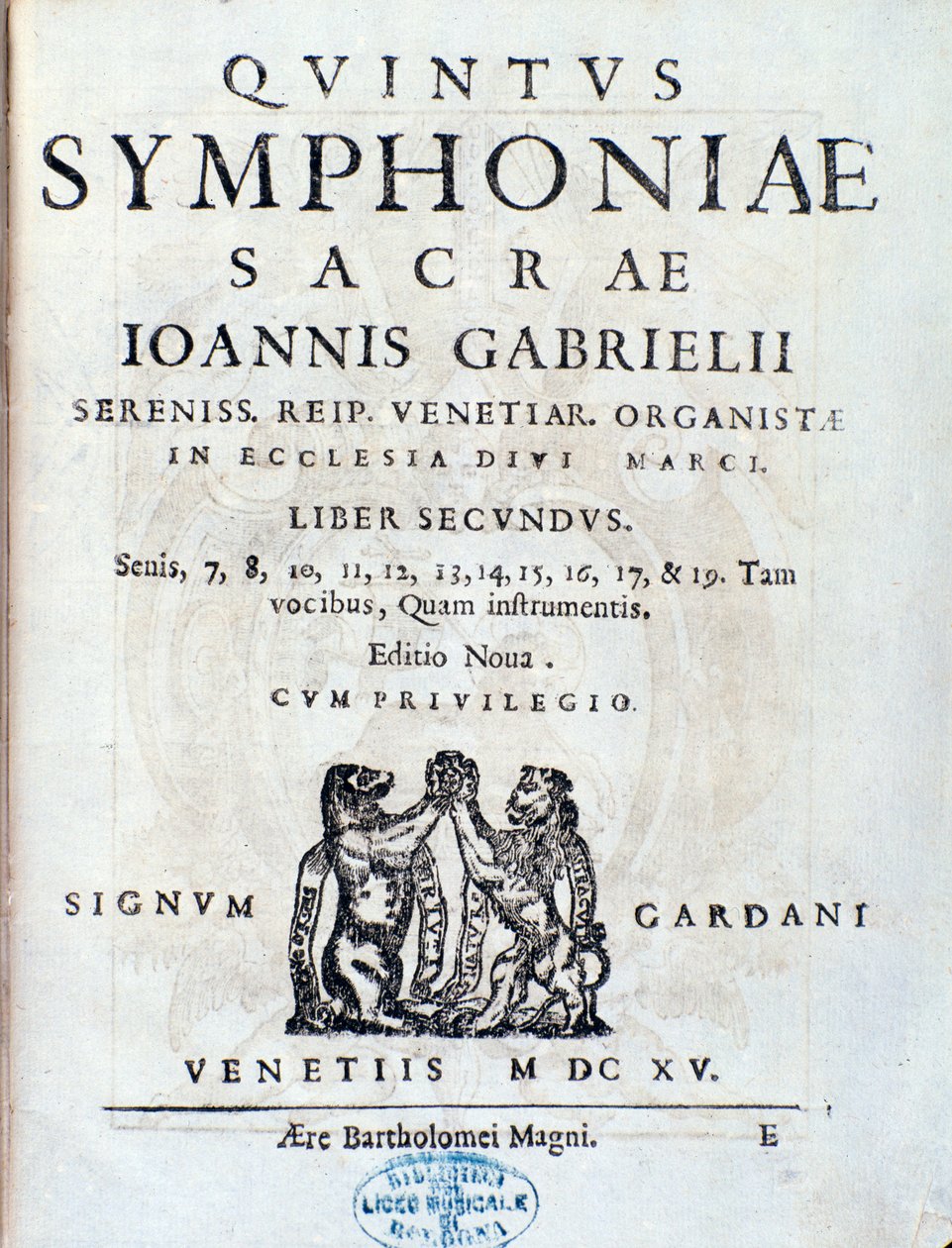 Giovanni Gabrielin Sacrae symphoniaen toisen kirjan etulevy tekijältä Unknown artist