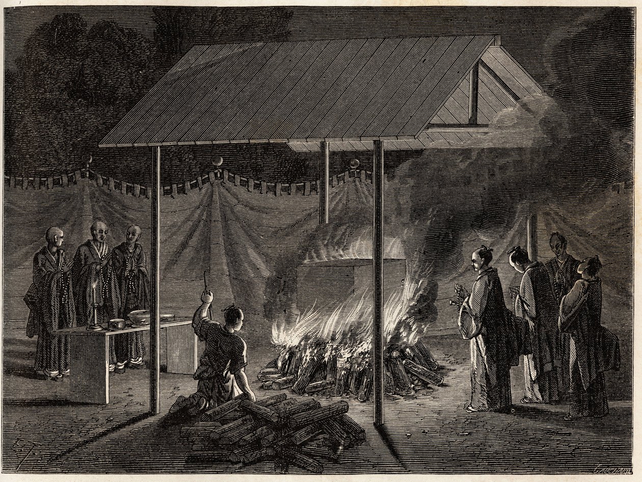 Hautajaiset: rituaalipoltto. Kaiverrus havainnollistamaan matkaa Japaniin vuosina 1863-1864, Sveitsin valaliiton ministeri Aime Humbert, "Le tour du monde, nouveau journal des voyages", julkaistu Edouard Chartonin johdolla. tekijältä Unknown artist