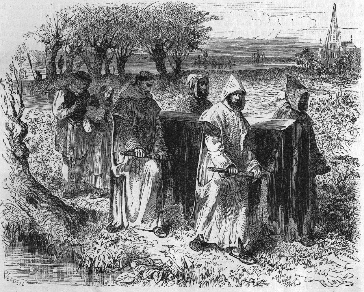 Bavieren Isabeaun (Isabelle, Elisabeth) hautajaiset, Ranskan kuningatar (1371-1435). Kaiverrus 1800-luvulta. tekijältä Unknown artist