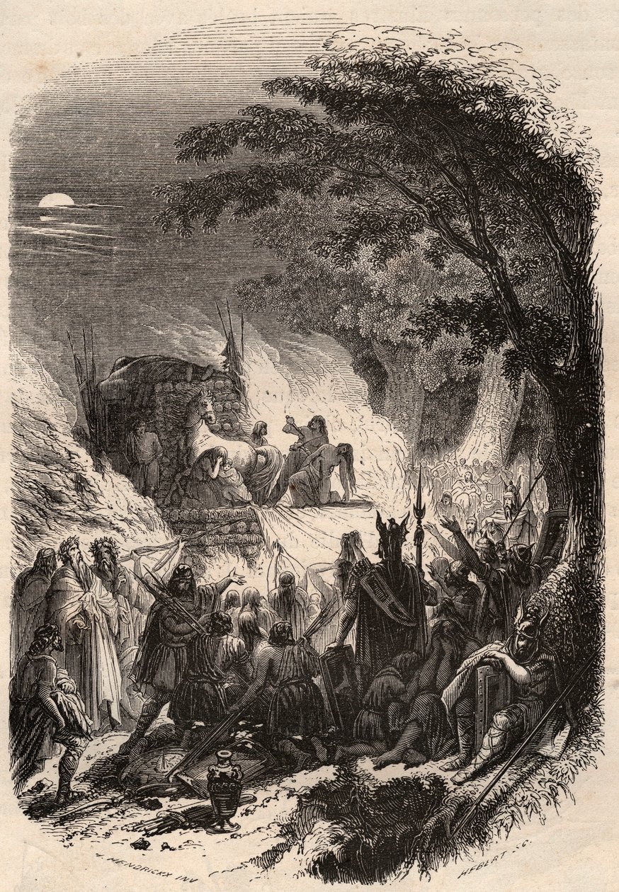 Päällikkö Germainin hautajaiset antiikissa: hänen ruumiinsa poltetaan aseillaan ja hevosella. Kaiverrus vuodelta 1868 Theodore Justen (1818-1888) teokseen "Histoire de Belgique primitiivistä Leopold I:n hallituskauden loppuun". Yksityinen kokoelma. tekijältä Unknown artist
