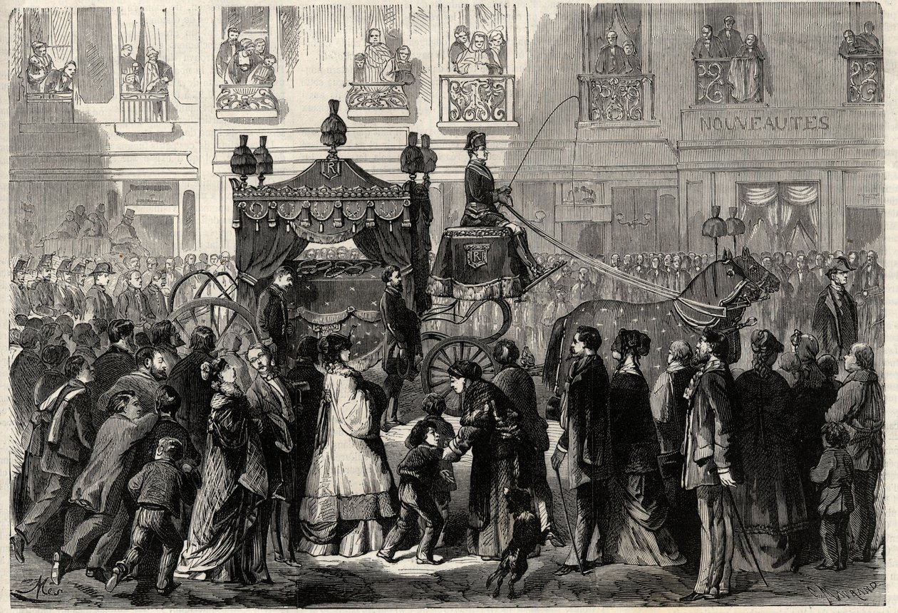 Funerary Cortege Gioacchino (Gioachino) Rossinin (1799-1868) obsequen aikana Pariisissa. Kaiverrus kirjaan "The Universe Illustrious" tekijältä Unknown artist