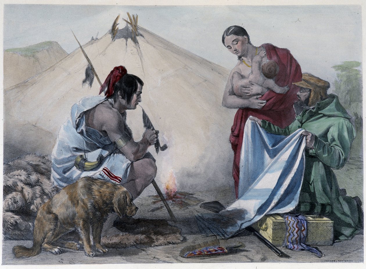 Kangasvaihtokauppa Kanadan huroniintiaanien ja valkoisen miehen välillä - Coke Smythin, Lontoon teoksessa "" Shythin luonnokset Kanadassa" tekijältä Unknown artist
