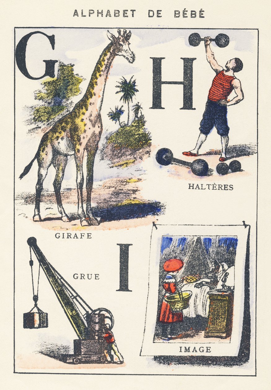 G H I: kirahvi, nosturi, käsipainot, kuva tekijältä Unknown artist