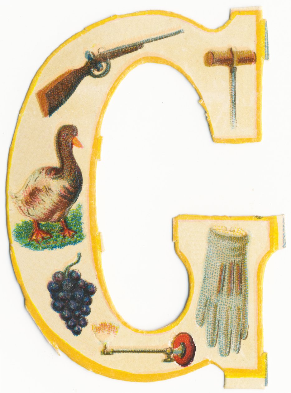 G: ase, gimlet, hanhi, viinirypäle, kaasulamppu, hansikas (väri litho) tekijältä Unknown artist