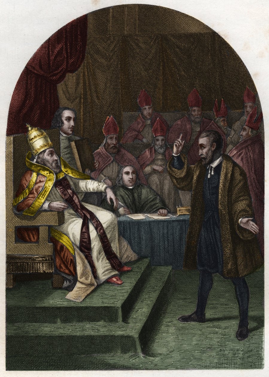 Galileo (tai Galileo Galilei (1564-1642) ennen paavi Urbanus VIII:ta vuonna 1633. (Urbano 8 Maffeo Barberini) Kaiverrus vuodelta 1842 Maurice Lachatren teokseen "History of the Popes". Yksityinen kokoelma. tekijältä Unknown artist