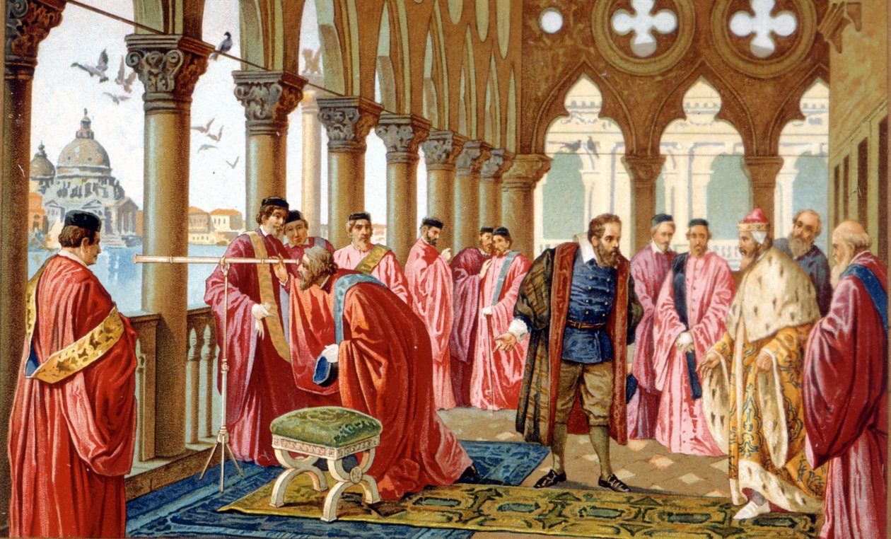 Galileo Galilei (1564 - 1642) esittelee kehyksensä Dogen palatsissa Venetsiassa. kromolitografia 1800-luvulta. tekijältä Unknown artist