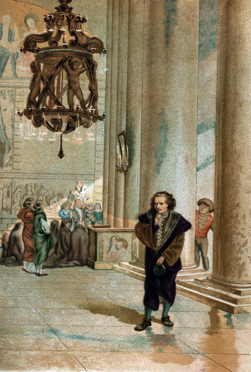 Galileo Galilei dit Galileo (1564 - 1642). tarkkailemassa Pisan katedraalin lampun värähtelyä. Louis Figuierin "Tiede ja sen miehet" Barcelona 1881 -sarjasta tekijältä Unknown artist