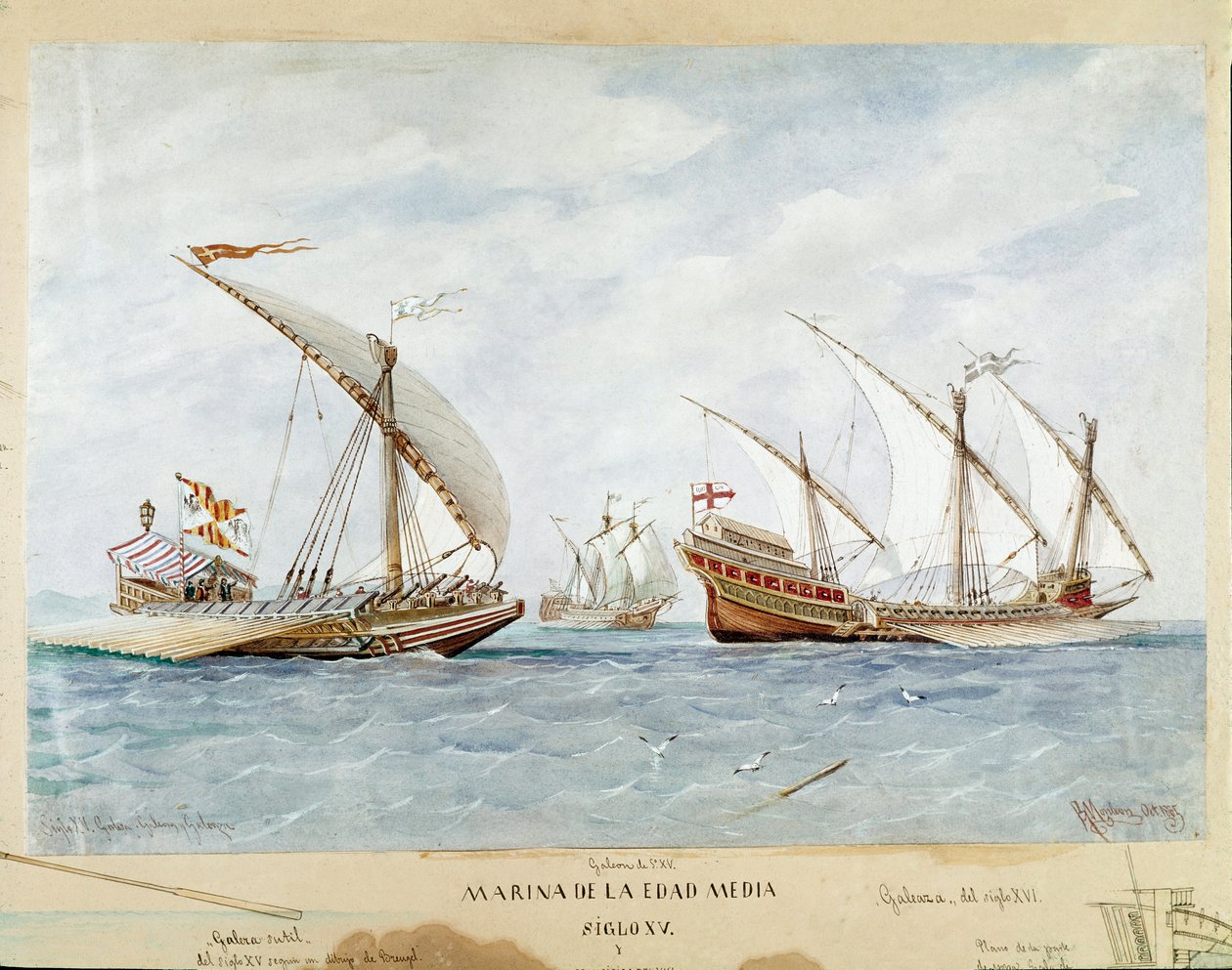 1400-luvun keittiö ja galeoni (akvarelli tekijältä Unknown artist