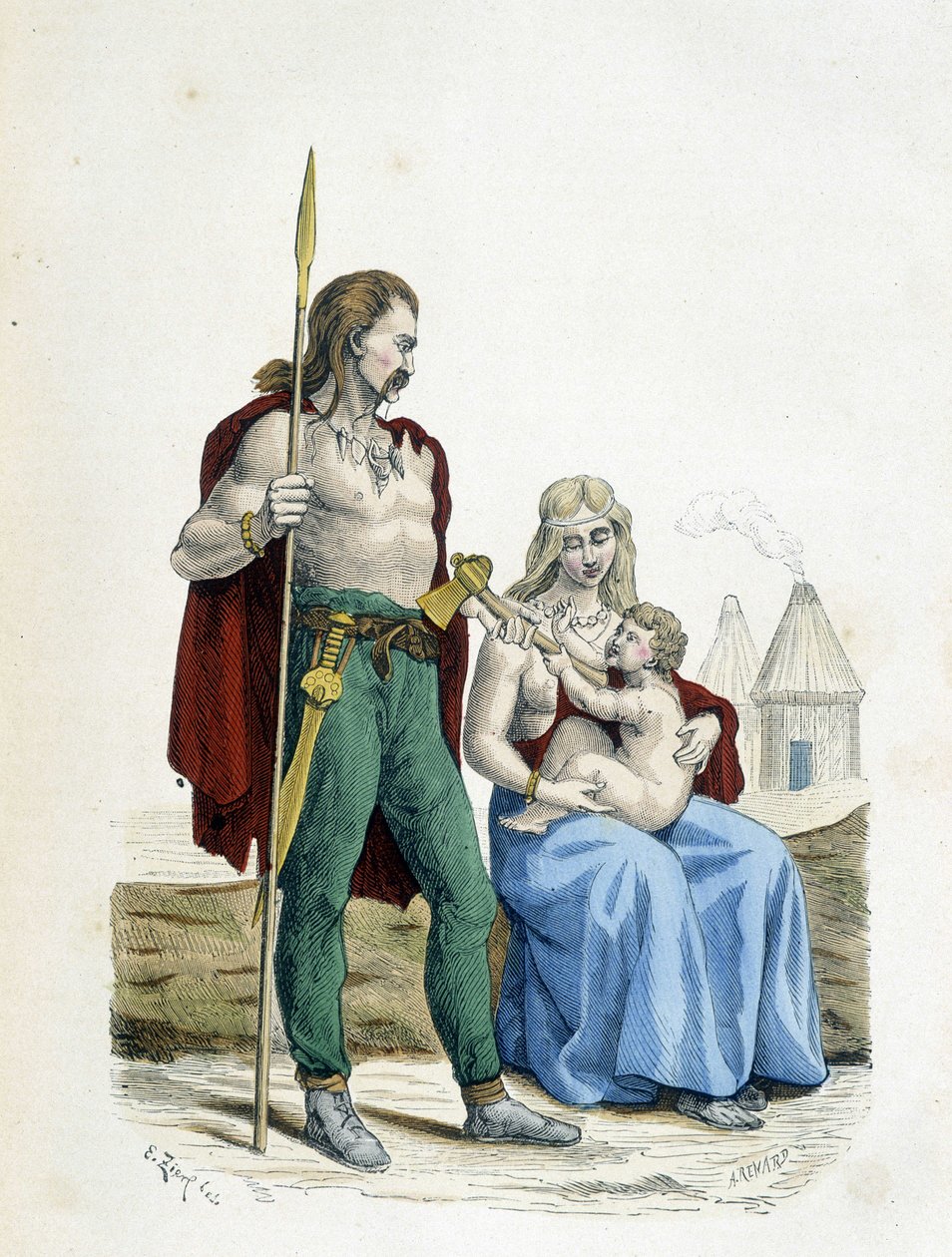 Primitiivisten aikojen gallialainen perhe - "" Costumes de Paris -asut vuosisatojen ajan"" tekijältä Unknown artist