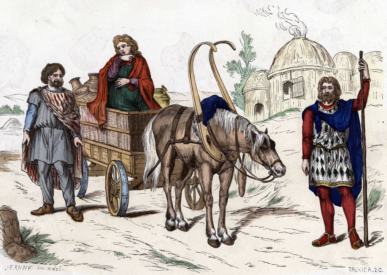 Gallialainen asunto, nainen, talonpoika, vaunut, rikas maanviljelijä, valjaat - "" Ranskan siviili- ja sotilasasuissa vuosisatojen ajan Paris F. Roy 1882 ". tekijältä Unknown artist