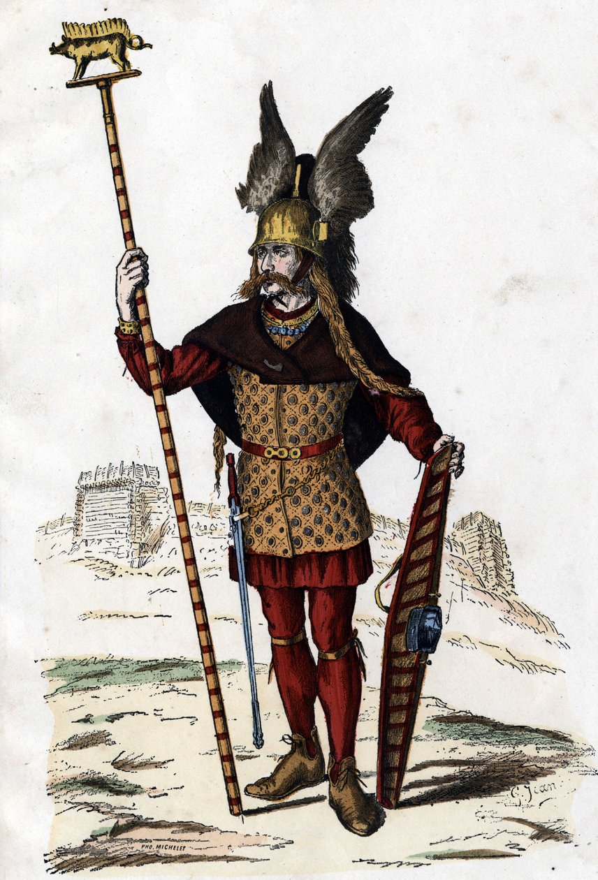 Gallialainen johtaja, jolla on sodan merkki - teoksessa "Ranskan siviili- ja sotilasasut vuosisatojen ajan Paris F. Roy 1882". tekijältä Unknown artist