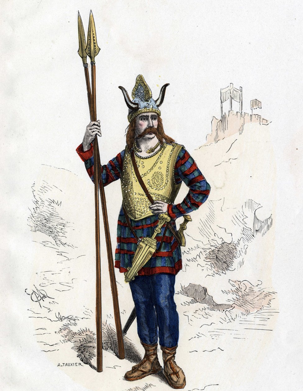 Gallialainen johtaja ennen Rooman valloitusta - teoksessa "Ranskan siviili- ja sotilasasut vuosisatojen ajan Paris F. Roy 1882". tekijältä Unknown artist