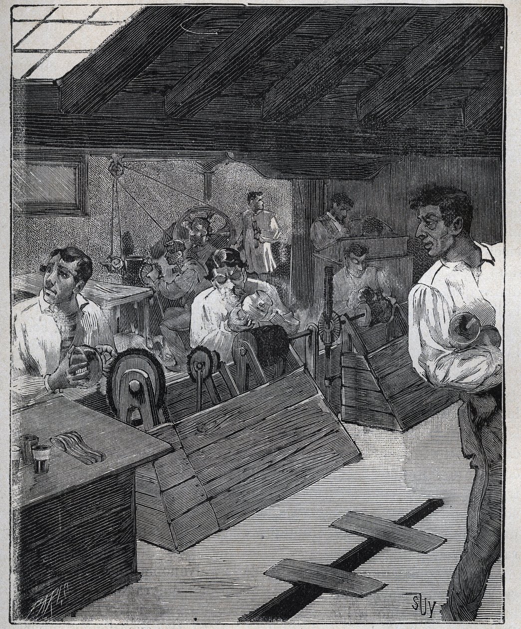 Galvaaninen kultaus: kultajalokiviä kaavin-boessage kaapimella. Kaiverrus vuodelta 1885 kirjassa "Les arts et metiers illustres", kirjoittanut Adolphe BITARD. tekijältä Unknown artist
